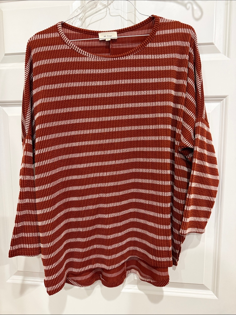 BE Stage Rust & Cream Striped Ribbed 3/4 Long Sleeve Tee